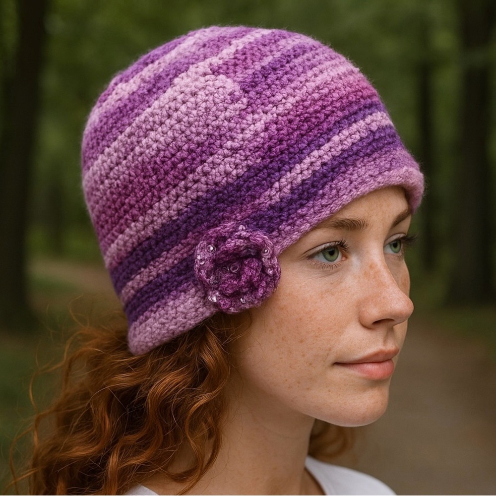 Hat Hand Crafted Purple BeanieStriped Varigated Floral Crochet - Picture 1 of 16